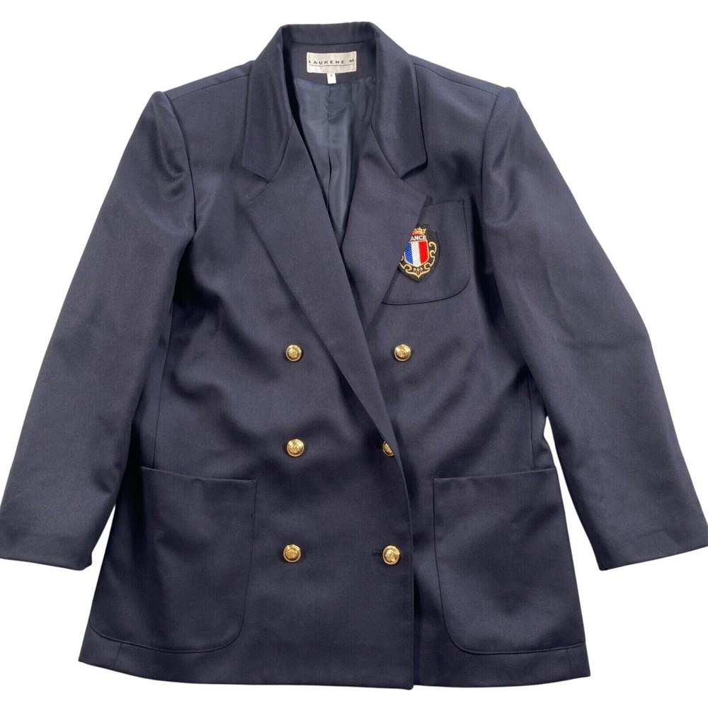Laurene.M Blazer Women Approx. US 14/16 Navy Gold Button France Crest Patch Wool